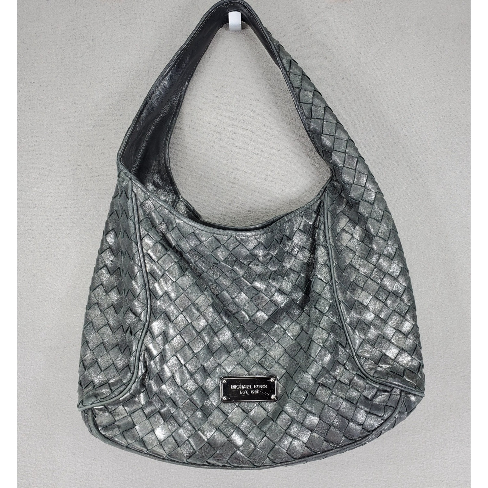 Michael Kors Gray Gunmetal Woven Leather Satchel Boho Handbag Purse Slouchy